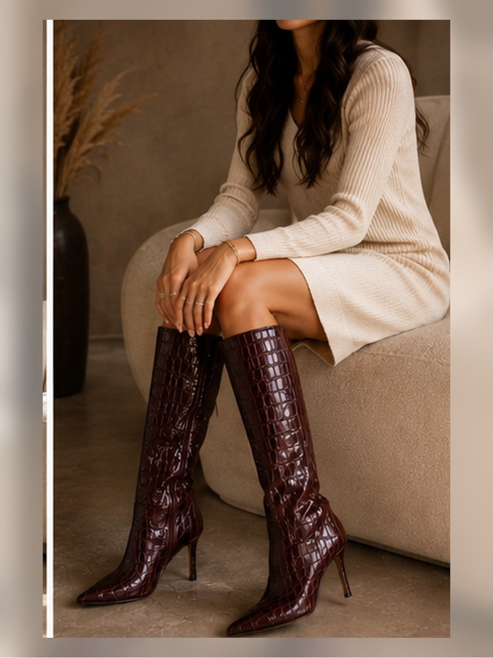 Vintage Ellen Tracy Made Italy Burgundy Croc Embossed Leather Knee High Boots 10 - Picture 3 of 16